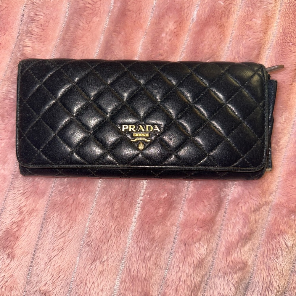 Prada Black Quilted Leather Continental Wallet with Gold Logo